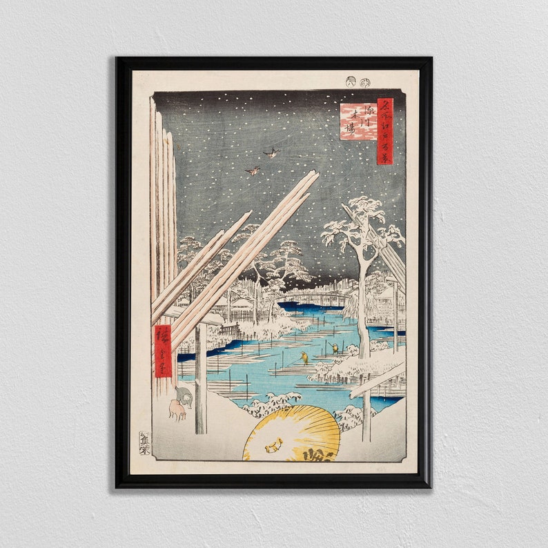 May include: A vintage Japanese woodblock print depicting a snowy winter scene with a river, trees, and a bridge. The print is framed in black and features the text "雪月花" in red.