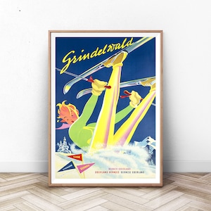 GRINDELWALD SKI POSTER: Swiss Travel Art, Switzerland Ski Poster, Sports Retro Decor, Valais, Suisse, Zermatt, Skiing Poster, Alps