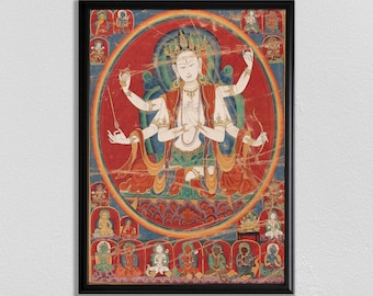 May include: A colorful painting depicting a deity with four arms, seated in a lotus position. The deity is surrounded by smaller figures, all within a circular frame. The painting is done in a traditional style with vibrant colors and intricate details.