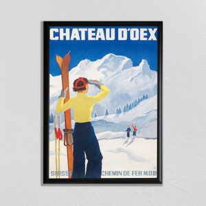 Swiss Travel Art, Switzerland Ski Poster, Sports Retro Decor, Chateau D&#39;Oex, Suisse, Europe European Travel, Zermatt, Skiing Poster