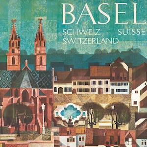 Op de afbeelding: Een vintage reisposter voor Basel, Zwitserland. De poster toont een gestileerde illustratie van de stad met twee hoge kerken, een fontein en een rij gebouwen. De tekst "BASEL" staat in grote, vetgedrukte letters bovenaan de poster, met "SCHWEIZ" en "SUISSE" eronder.