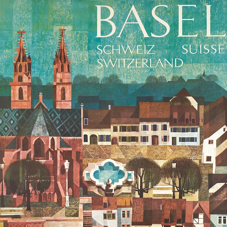 Op de afbeelding: Een vintage reisposter voor Basel, Zwitserland. De poster toont een gestileerde illustratie van de stad met twee hoge kerken, een fontein en een rij gebouwen. De tekst "BASEL" staat in grote, vetgedrukte letters bovenaan de poster, met "SCHWEIZ" en "SUISSE" eronder.