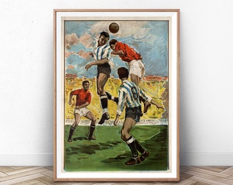 Könnte beinhalten: Ein Vintage-Poster, das ein Fußballspiel zeigt. Vier Spieler in gestreiften Trikots sind in Aktion, wobei ein Spieler springt, um den Ball zu köpfen. Das Poster hat eine lebendige Farbpalette mit blauem Himmel und grünem Rasen.