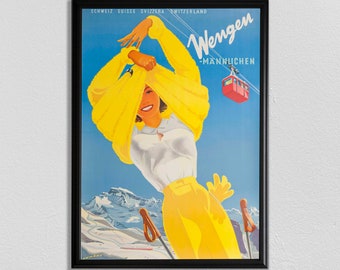 May include: A vintage travel poster advertising Wengen, a ski resort in Switzerland. The poster features a woman in a yellow ski suit, a red cable car, and a blue sky with white mountains in the background. The text on the poster reads "Wengen - Mannlichen" and "Schweiz Suisse Svizzera Switzerland".