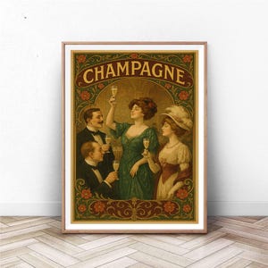 Póster vintage de celebración con champán: decoración de pared estilo Art Nouveau / Impresión elegante para fiestas / Ilustración retro inspirada en la década de 1900