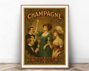 May include: Vintage poster advertising champagne with a group of people in formal attire raising their glasses in a toast. The poster features a floral design and the word "Champagne" in a decorative font.