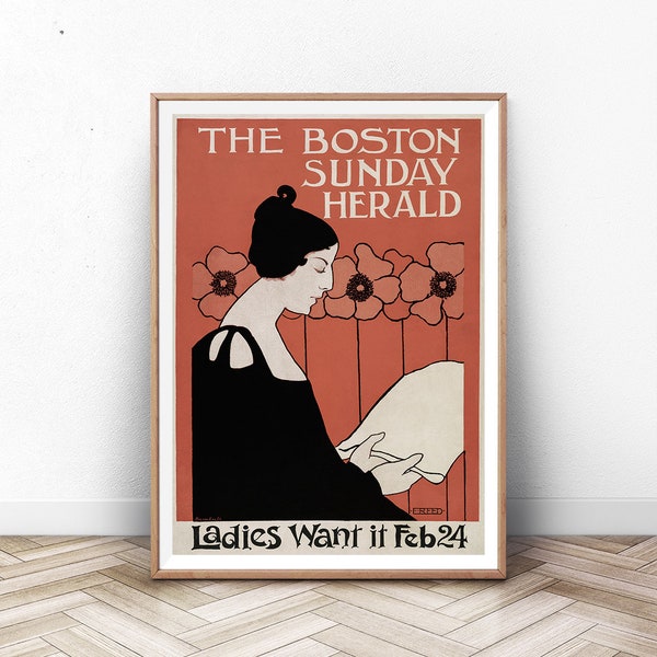 vintage paris wall art, art nouveau poster print, home decor, girls room, the boston sunday herald