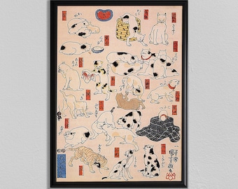 Japanese Woodblock Cat Print: Vintage Asian Home Decor