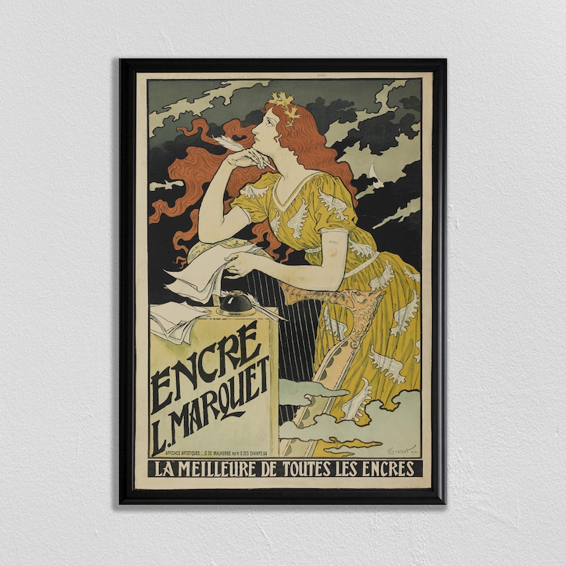 May include: A vintage poster advertising "Encre L.Marquet" ink. The poster features a woman with red hair writing with a quill pen. The text "La Meilleure de Toutes Les Encres" is at the bottom of the poster, which translates to "The Best of All Inks".