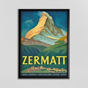 Skiing Poster, Swiss Travel Art, Swiss Ski Poster, Sports Retro Decor, Mountain Art, Suisse, Europe European Travel, Zermatt, Skiing Poster