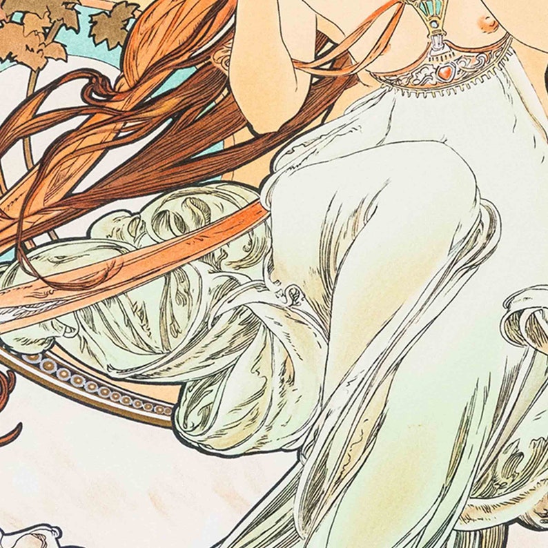 May include: A vintage illustration of a woman in a flowing white gown with a gold and red sash. Her hair is long and flowing, and she is adorned with jewelry. The background is a light blue and green.