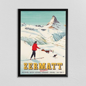 Skiing Poster, Swiss Travel Art, Swiss Ski Poster, Sports Retro Decor, Mountain Art, Suisse, Europe European Travel, Zermatt, Skiing Poster