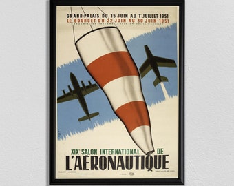 May include: A vintage poster advertising the 19th International Air Show in Paris, France. The poster features a red and white striped windsock with three airplanes flying overhead. The text reads "Grand-Palais du 15 Juin au T Juillet 1951 Le Bourget du 22 Juin au 30 Juin 1951 XIXe Salon International de L'Aeronautique."
