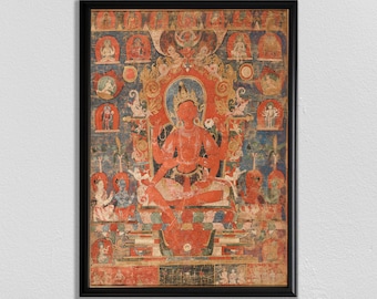 May include: A colorful painting depicting a red deity with four arms, seated on a throne with a lotus base. The deity is surrounded by smaller figures and symbols, including a crescent moon and a sun.