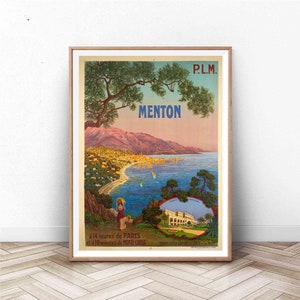 Cartel de Menton / Impresión francesa vintage / Turismo y Arte turístico / Arte náutico de pared / Arte de la pared de la playa imagen 1
