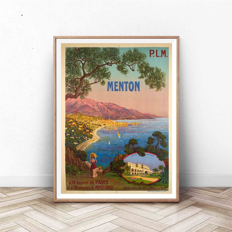 Cartel de Menton / Impresión francesa vintage / Turismo y Arte turístico / Arte náutico de pared / Arte de la pared de la playa imagen 1