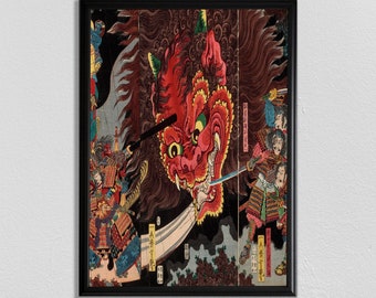 Kunstprint Japanse drakensamoerai: vintage houtblok muurdecoratie