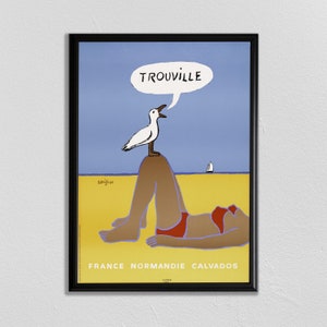 Cartel de viaje de Francia, arte de la pared de París, impresión de Trouville, impresión de Francia, cartel de Trouville, La Plage, horizonte de París, arte de la pared de la playa