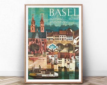 Impresión de cartel de Basilea, cartel de Suiza, impresión de cartel de Europa, impresión de arte del museo, arte de viaje vintage, decoración del hogar, diseño de interiores