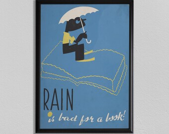 Póster de biblioteca estilo WPA: "¡La lluvia es mala para un libro!" Impresión de arte literario