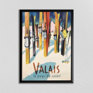 Swiss Travel Art, Switzerland Ski Poster, Sports Retro Decor, Valais, Suisse, Europe European Travel, Zermatt, Skiing Poster