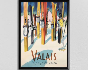 Póster de esquí del Valais: arte de viajes suizos, decoración deportiva retro