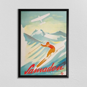 Swiss Travel Art, Switzerland Ski Poster, Sports Retro Decor, Samaden, Suisse, Europe European Travel, Zermatt, Skiing Poster