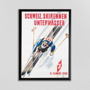 Ski Poster Switzerland Art Slalom Chalet Decor Winter Sport Art Swiss Alps