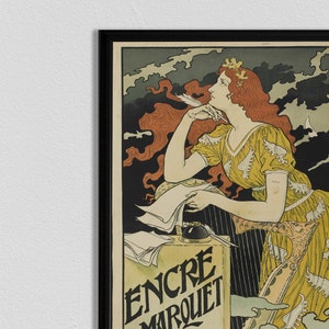 May include: A vintage poster advertising ink with a woman in a yellow dress writing with a quill pen. The poster features the text "Encre L.Marquet"