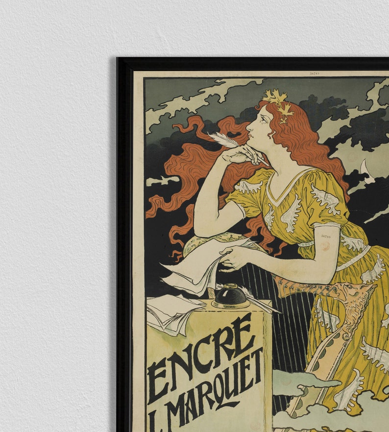 May include: A vintage poster advertising ink with a woman in a yellow dress writing with a quill pen. The poster features the text "Encre L.Marquet"