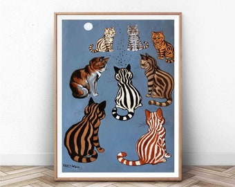 May include: A vintage illustration of eight cats with different striped patterns. The cats are arranged in a circle on a blue background. The illustration is signed "Louis Wain".
