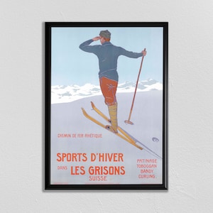 Swiss Travel Art, Switzerland Ski Poster, Sports Retro Decor, Sports D&#39;Hiver, Suisse, Europe European Travel, Zermatt, Skiing Poster