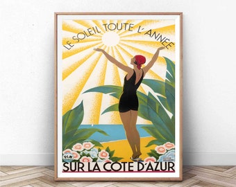 Sur La Cote d'Azur Poster | Vintage French Print | Travel and Tourism Art | Nautical Wall Art | Beach Wall Art | Le Soleil Tout l'Annee