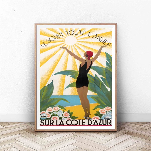 Sur La Cote d'Azur Poster | Vintage French Print | Travel and Tourism Art | Nautical Wall Art | Beach Wall Art | Le Soleil Tout l'Annee