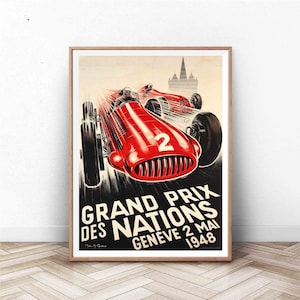 May include: Vintage poster advertising the Grand Prix des Nations car race in Geneva, Switzerland on May 2, 1948. The poster features a red race car with the number 2 on the side, speeding towards the viewer.