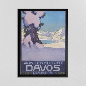 Swiss Travel Art, Switzerland Ski Poster, Sports Retro Decor, Winterkurort Davos, Suisse, Europe European Travel, Zermatt, Skiing Poster
