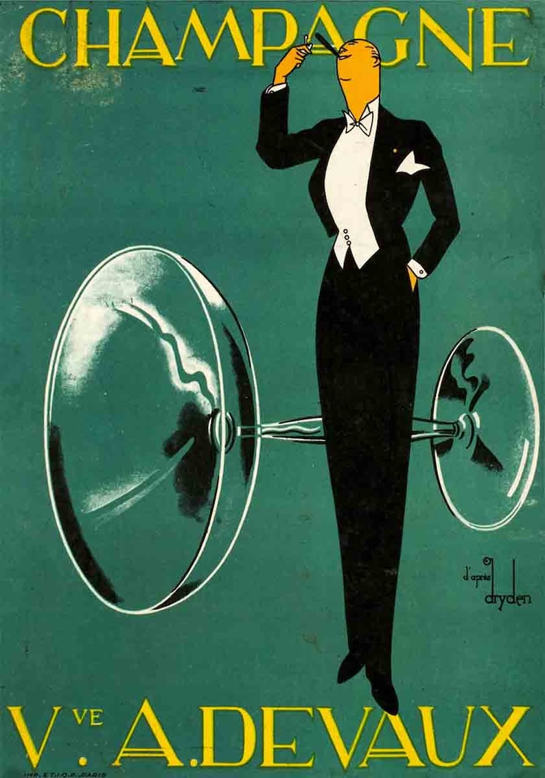 Cartel publicitario de champán vintage, arte vintage de la pared de París, impresión de champán Devaux, impresión de arte de bar de cócteles vintage, arte de pared retro imagen 7