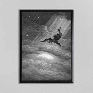 K&ouml;nnte beinhalten: Eine Schwarzwei&szlig;illustration einer gefl&uuml;gelten Figur, die vom Himmel f&auml;llt. Die Figur ist von Wolken und Sternen umgeben. Das Bild erinnert an eine klassische Darstellung des Falls Luzifers.
