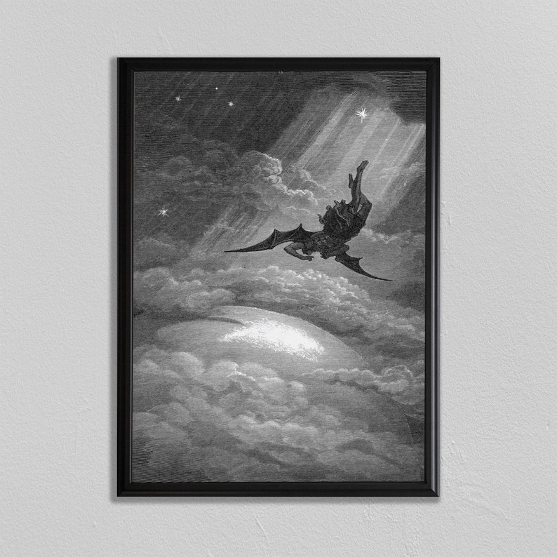 K&ouml;nnte beinhalten: Eine Schwarzwei&szlig;illustration einer gefl&uuml;gelten Figur, die vom Himmel f&auml;llt. Die Figur ist von Wolken und Sternen umgeben. Das Bild erinnert an eine klassische Darstellung des Falls Luzifers.