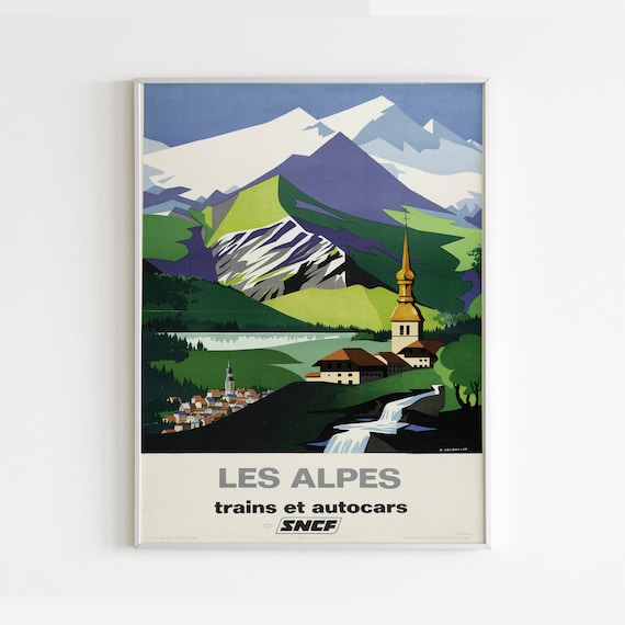 French Alps Vintage Travel Poster: Les Alpes Mountain Art Print