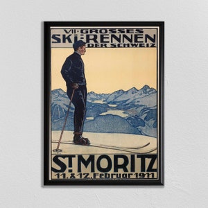 Swiss Travel Art, Switzerland Ski Poster, Sports Retro Decor, St Moritz, Suisse, Europe European Travel, Zermatt, Skiing Poster