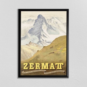 Skiing Poster, Swiss Travel Art, Swiss Ski Poster, Sports Retro Decor, Mountain Art, Suisse, Europe European Travel, Zermatt, Skiing Poster
