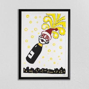 Champagne Poster, Christmas Print, Santa Claus Art, New Years Poster, New Years Gift, Alcohol Poster, Kitchen Art