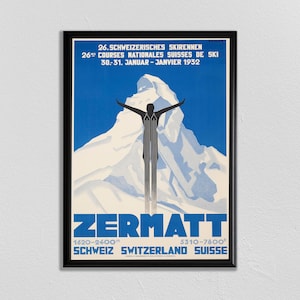 Skiing Poster, Swiss Travel Art, Swiss Ski Poster, Sports Retro Decor, Mountain Art, Suisse, Europe European Travel, Zermatt, Skiing Poster