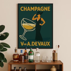 Vintage Champagner Poster - Art-Deco-Wandkunst, französischer Cocktaildruck, Retro-Bar-Dekor, Champagner-Coupé im Pariser Stil, Devauxfrauendruck