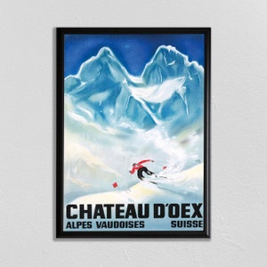 Swiss Travel Art, Switzerland Ski Poster, Sports Retro Decor, Chateau D&#39;Oex, Suisse, Europe European Travel, Zermatt, Skiing Poster