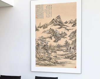 Vintage Chinese Landscape Art Print: Mountain River Home Decor