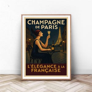 Champagne de Paris Art Deco Poster – Pariser Nachtleben | Vintage französischer Glamour Print Eiffelturm & Champagner Szene