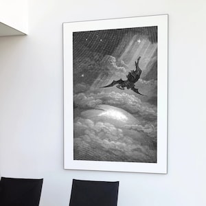 K&ouml;nnte beinhalten: Eine Schwarzwei&szlig;illustration einer gefl&uuml;gelten Figur, die durch die Wolken f&auml;llt. Die Figur ist von einem hellen Licht und Sternen umgeben.