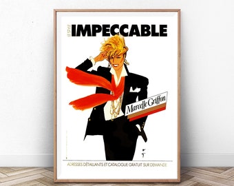 May include: A vintage advertisement for Marcelle Griffon perfume. The ad features a woman in a black suit and red scarf, with the text "Impeccable" and "Marcelle Griffon" in bold, black letters.